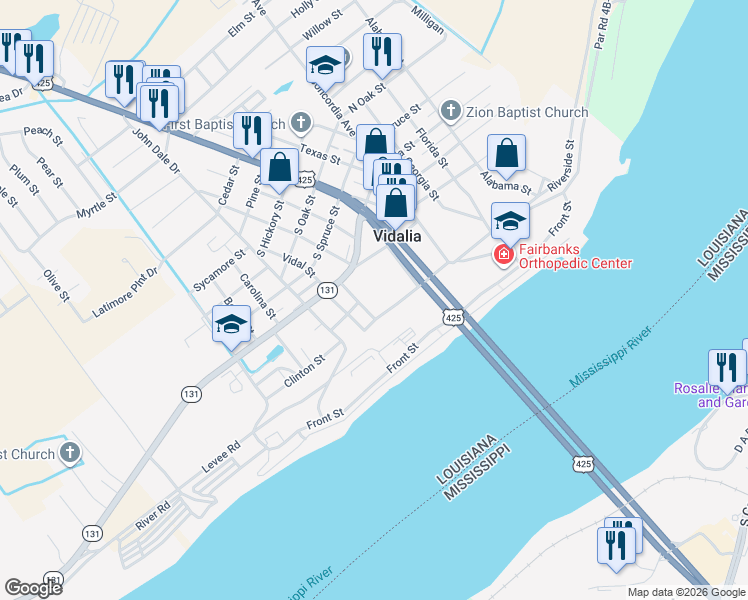 map of restaurants, bars, coffee shops, grocery stores, and more near 101-131 Riverside Street in Vidalia