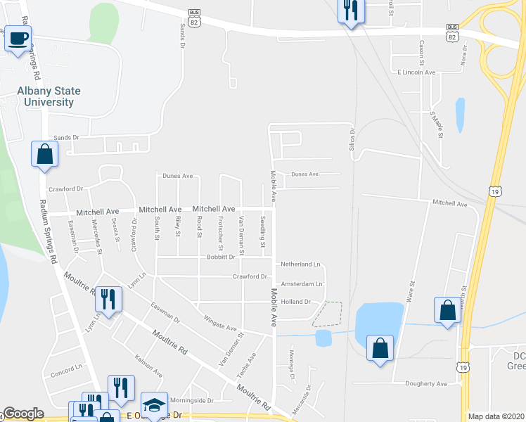 map of restaurants, bars, coffee shops, grocery stores, and more near 900 Seedling Street in Albany