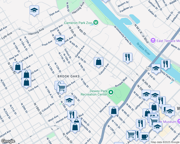 map of restaurants, bars, coffee shops, grocery stores, and more near 1401 North 9th Street in Waco