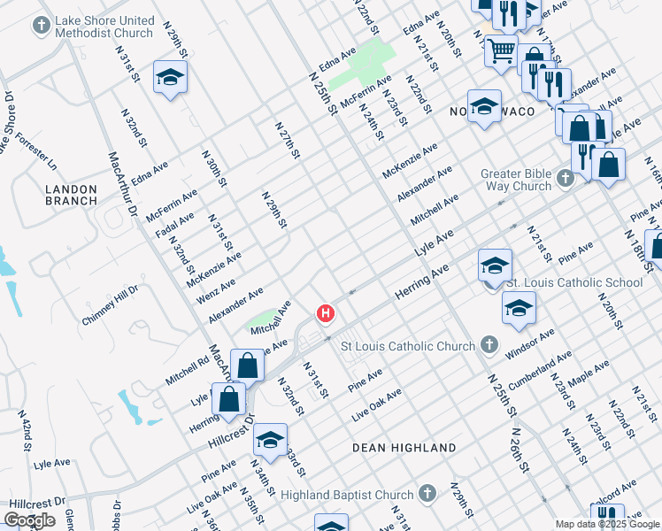 map of restaurants, bars, coffee shops, grocery stores, and more near 2737 Mitchell Avenue in Waco