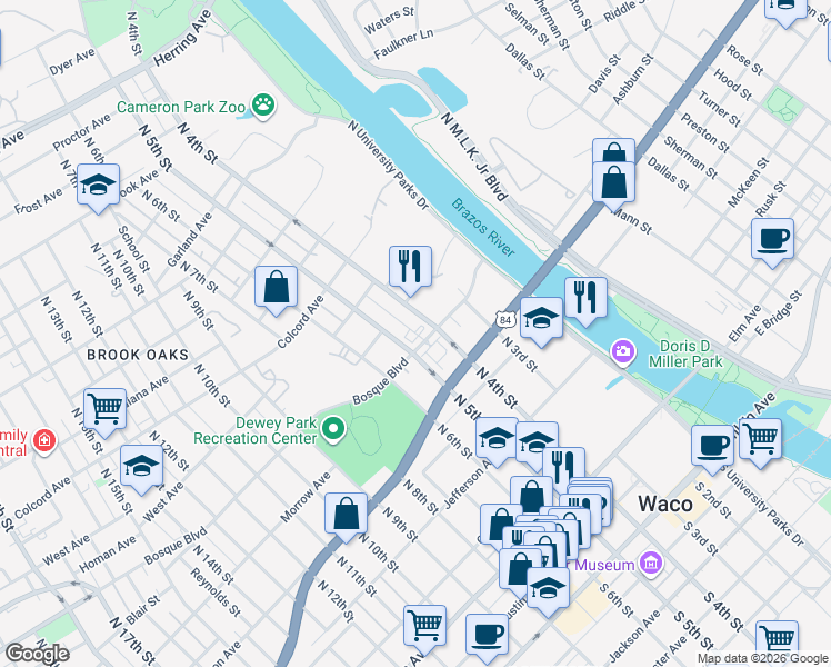map of restaurants, bars, coffee shops, grocery stores, and more near 407 Bosque Boulevard in Waco