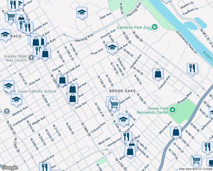 map of restaurants, bars, coffee shops, grocery stores, and more near 1809 North 13th Street in Waco