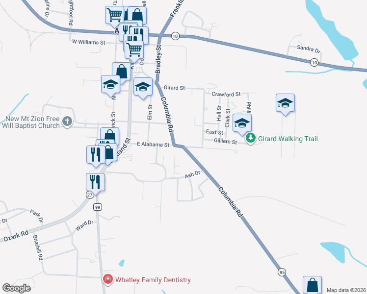map of restaurants, bars, coffee shops, grocery stores, and more near 200 East Alabama Street in Abbeville