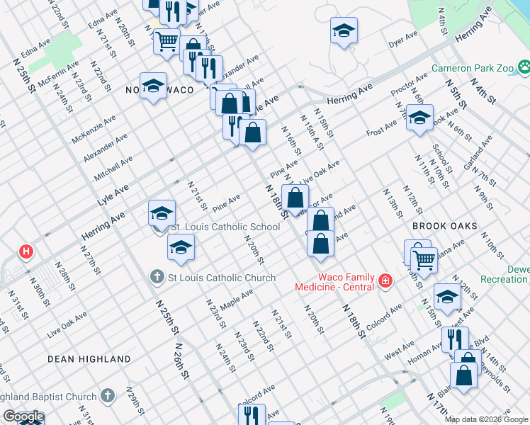 map of restaurants, bars, coffee shops, grocery stores, and more near 1906 Live Oak Avenue in Waco