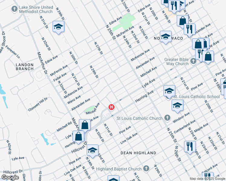 map of restaurants, bars, coffee shops, grocery stores, and more near 2737 Mitchell Avenue in Waco