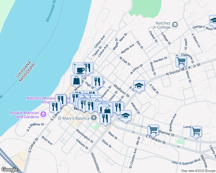 map of restaurants, bars, coffee shops, grocery stores, and more near 500 North Commerce Street in Natchez