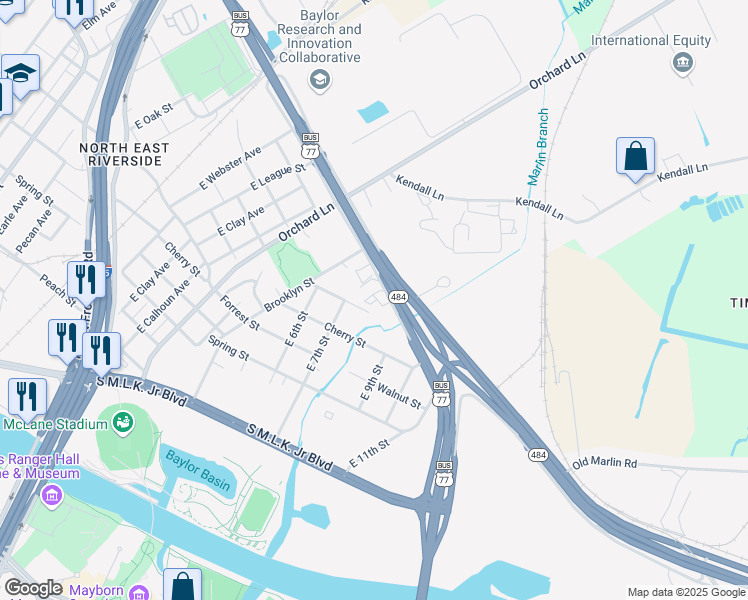 map of restaurants, bars, coffee shops, grocery stores, and more near 1409 Chattanooga Street in Waco