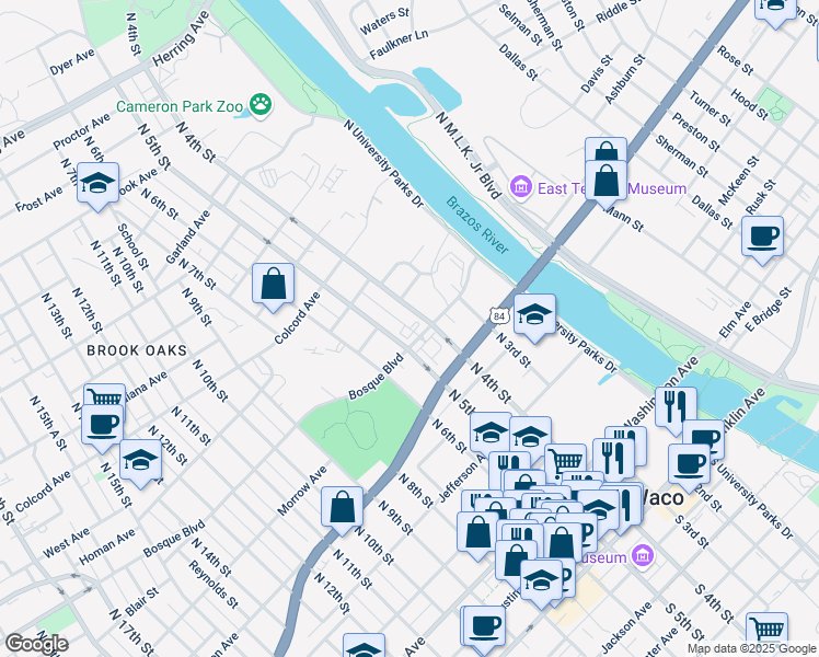 map of restaurants, bars, coffee shops, grocery stores, and more near 407 Bosque Boulevard in Waco
