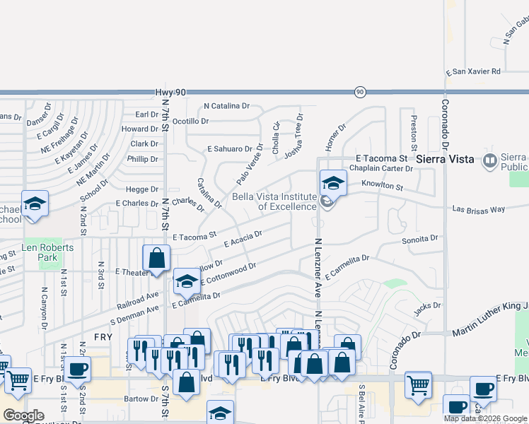 map of restaurants, bars, coffee shops, grocery stores, and more near 760 Tacoma Place in Sierra Vista
