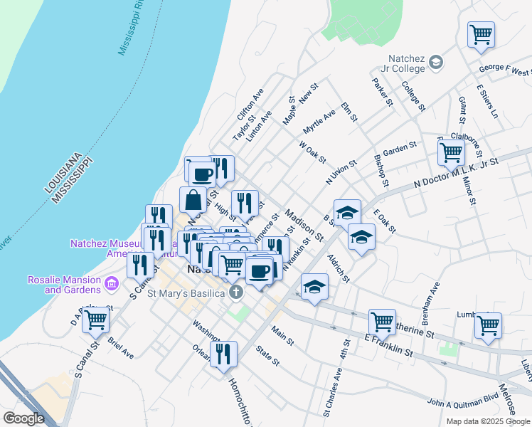 map of restaurants, bars, coffee shops, grocery stores, and more near 500 North Commerce Street in Natchez