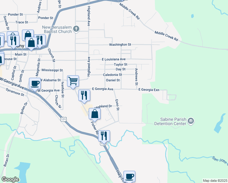 map of restaurants, bars, coffee shops, grocery stores, and more near 124 Esso Street in Many