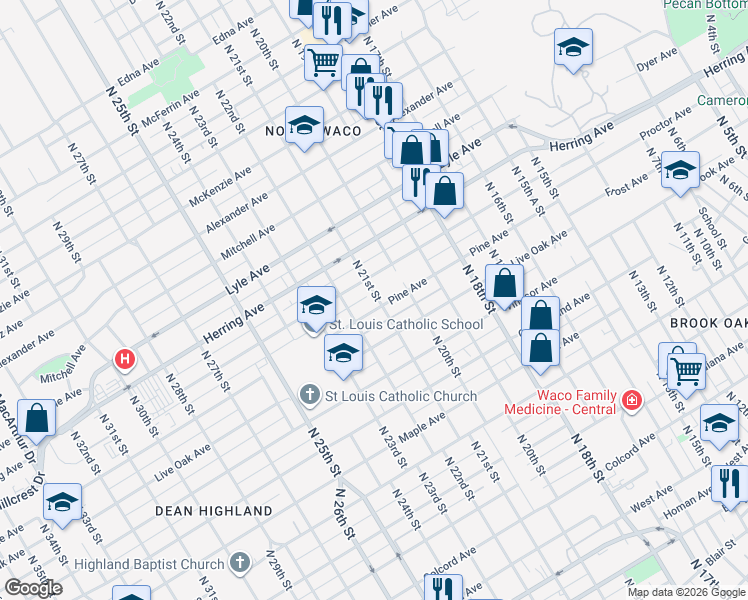 map of restaurants, bars, coffee shops, grocery stores, and more near 2101 Pine Avenue in Waco