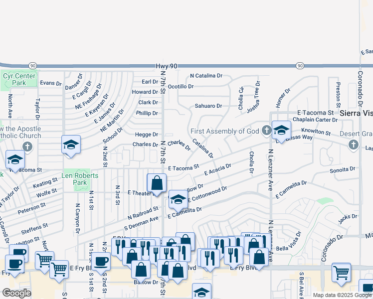 map of restaurants, bars, coffee shops, grocery stores, and more near 964 Charles Drive in Sierra Vista