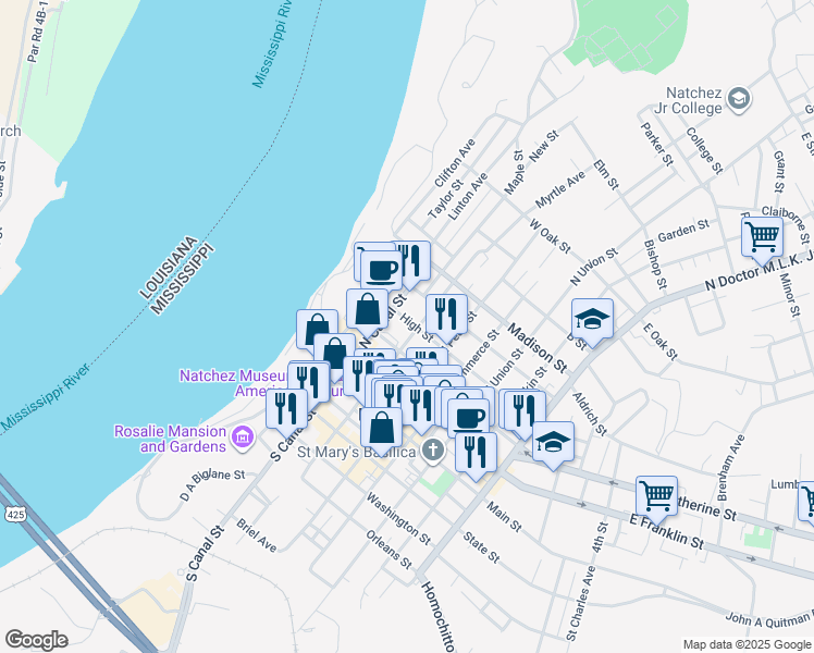 map of restaurants, bars, coffee shops, grocery stores, and more near 310 North Wall Street in Natchez