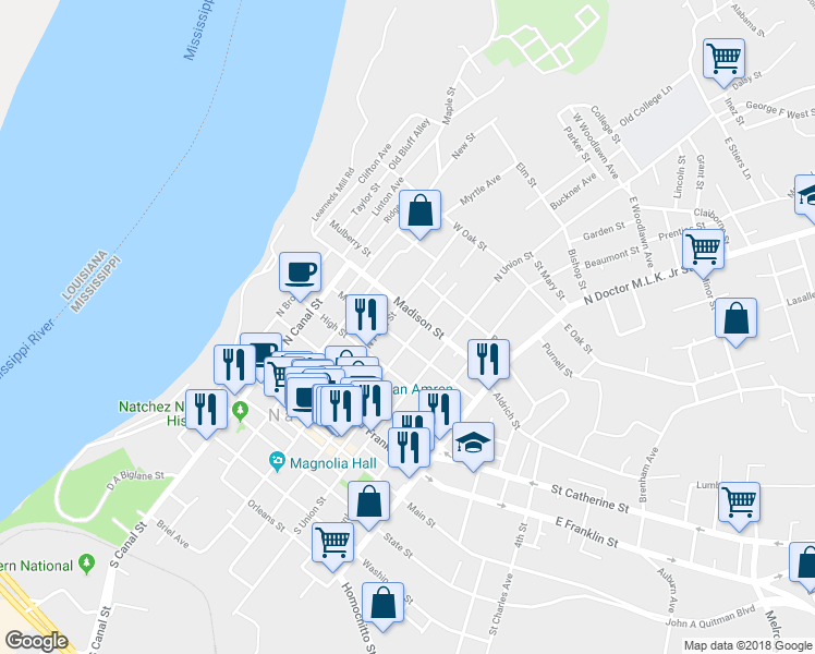 map of restaurants, bars, coffee shops, grocery stores, and more near 500 North Commerce Street in Natchez