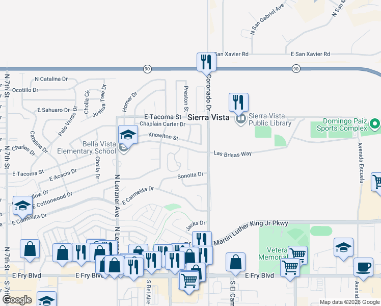 map of restaurants, bars, coffee shops, grocery stores, and more near 2258 Las Brisas Way in Sierra Vista