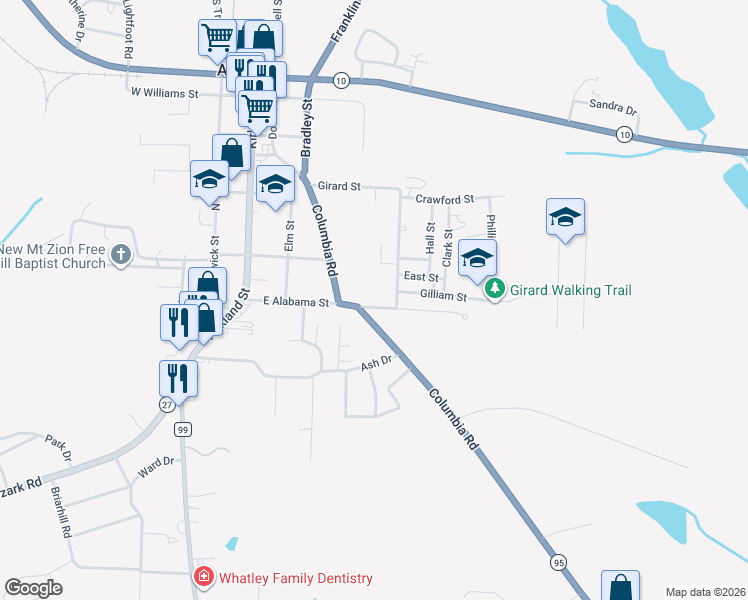 map of restaurants, bars, coffee shops, grocery stores, and more near 200-202 East Alabama Street in Abbeville