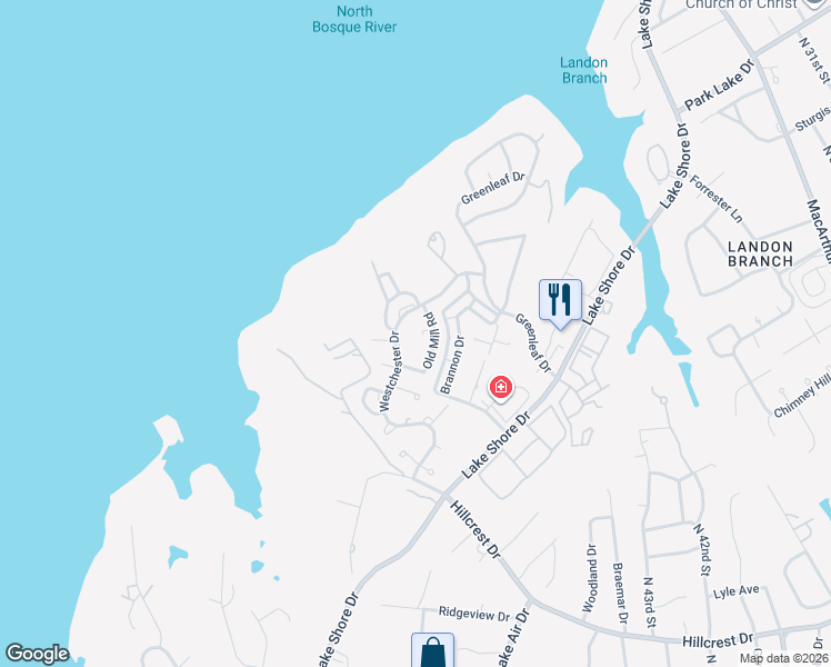 map of restaurants, bars, coffee shops, grocery stores, and more near 4001 Old Mill Road in Waco