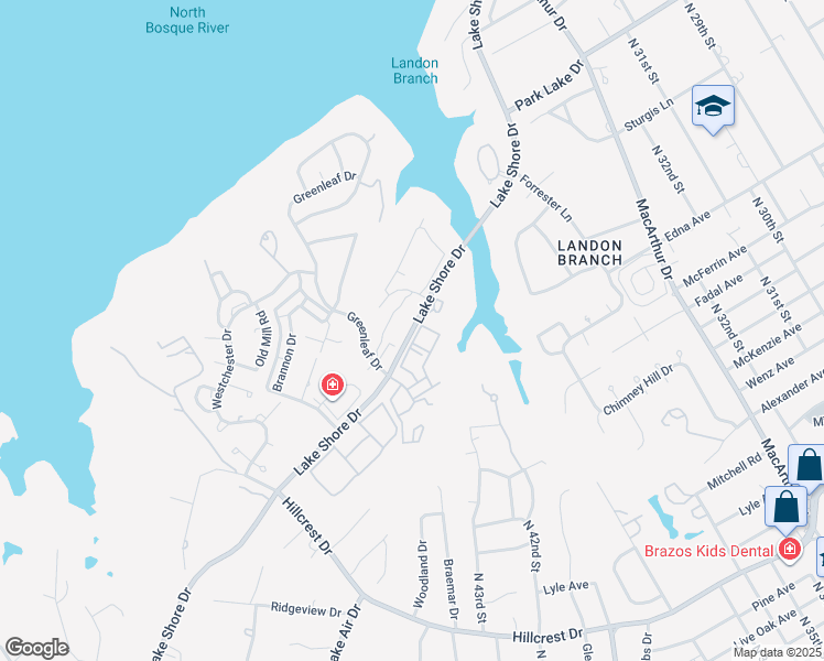 map of restaurants, bars, coffee shops, grocery stores, and more near 4303 Lake Shore Drive in Waco