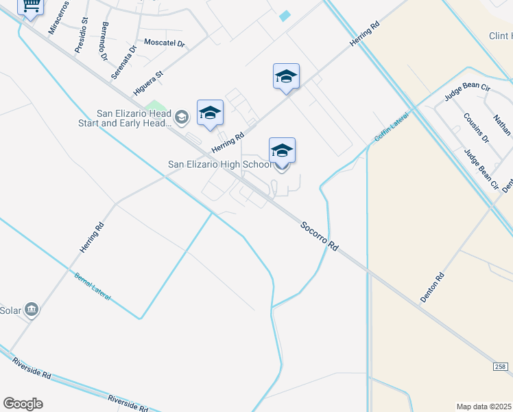 map of restaurants, bars, coffee shops, grocery stores, and more near 13850 Socorro Road in San Elizario