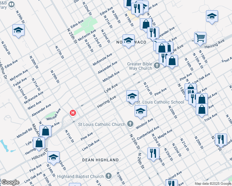 map of restaurants, bars, coffee shops, grocery stores, and more near 2400 Herring Avenue in Waco