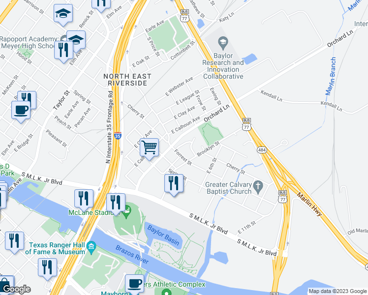 map of restaurants, bars, coffee shops, grocery stores, and more near 107 Apple Lane in Waco