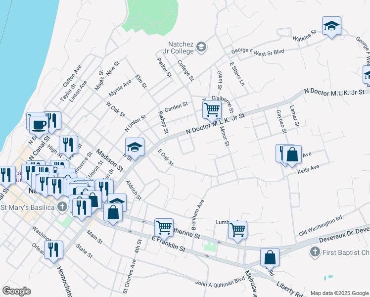 map of restaurants, bars, coffee shops, grocery stores, and more near 107 Shadyside Street in Natchez