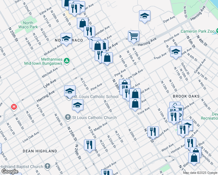 map of restaurants, bars, coffee shops, grocery stores, and more near 1906 Live Oak Avenue in Waco
