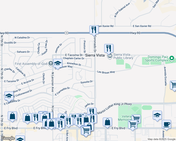 map of restaurants, bars, coffee shops, grocery stores, and more near 2258 Las Brisas Way in Sierra Vista