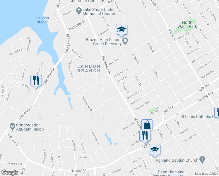 map of restaurants, bars, coffee shops, grocery stores, and more near 3316 Fadal Avenue in Waco
