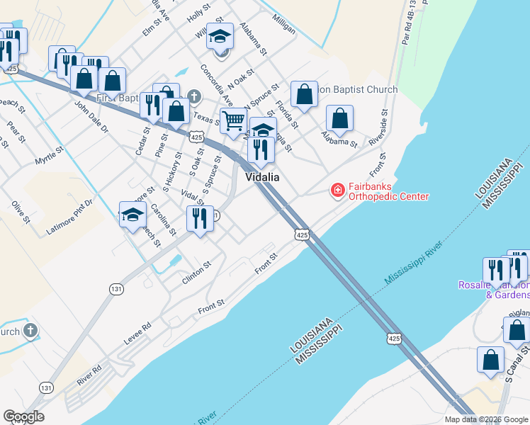 map of restaurants, bars, coffee shops, grocery stores, and more near 101-131 Riverside Street in Vidalia