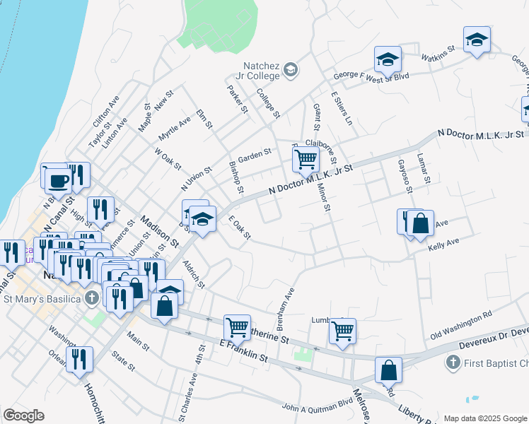 map of restaurants, bars, coffee shops, grocery stores, and more near 107 Shadyside Street in Natchez