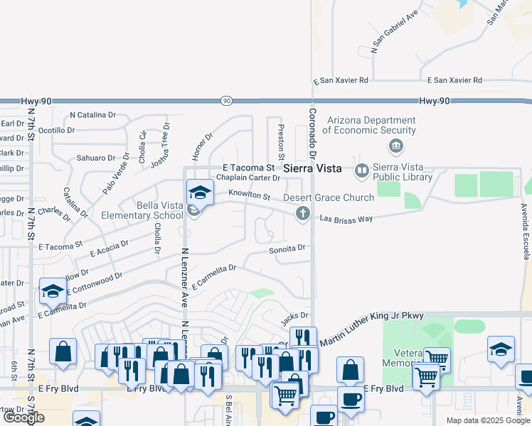 map of restaurants, bars, coffee shops, grocery stores, and more near 2200 Las Brisas Way in Sierra Vista