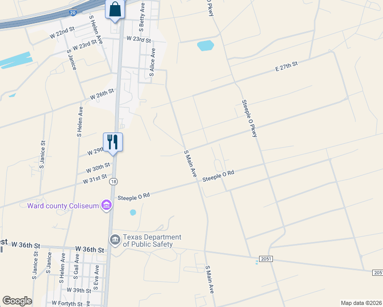 map of restaurants, bars, coffee shops, grocery stores, and more near Main Street in Monahans