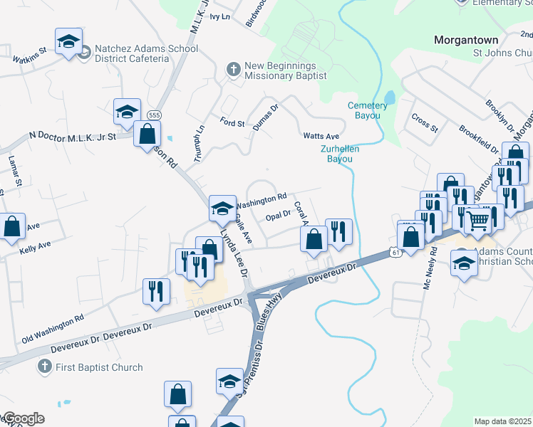 map of restaurants, bars, coffee shops, grocery stores, and more near 17 Old Washington Road in Natchez