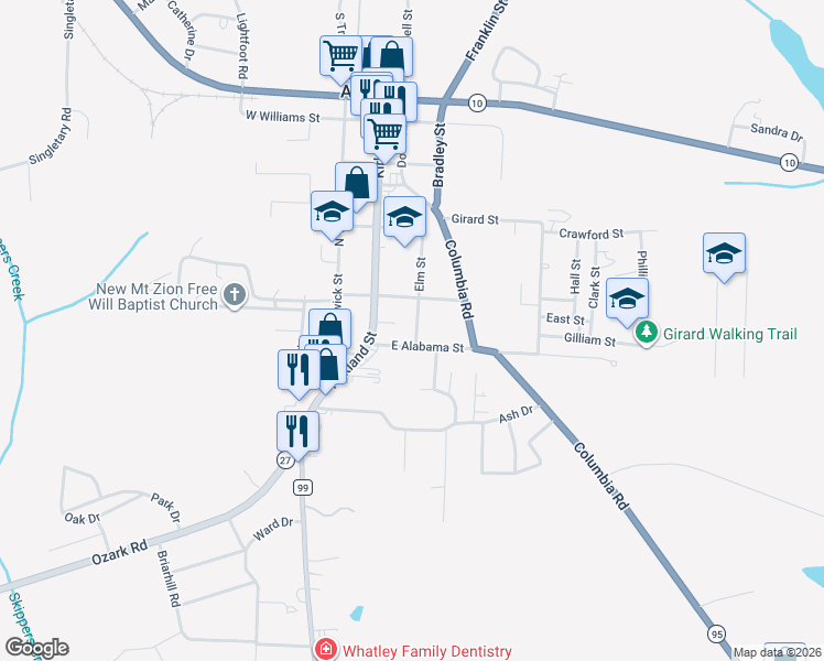 map of restaurants, bars, coffee shops, grocery stores, and more near 106 East Clendinen Street in Abbeville