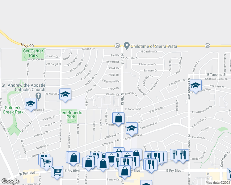 map of restaurants, bars, coffee shops, grocery stores, and more near 729 Charles Drive in Sierra Vista