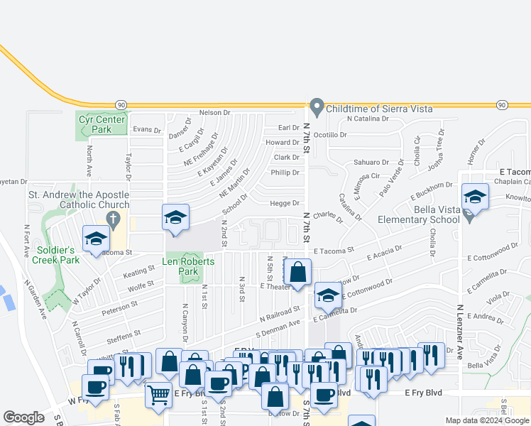 map of restaurants, bars, coffee shops, grocery stores, and more near 587 Charles Drive in Sierra Vista