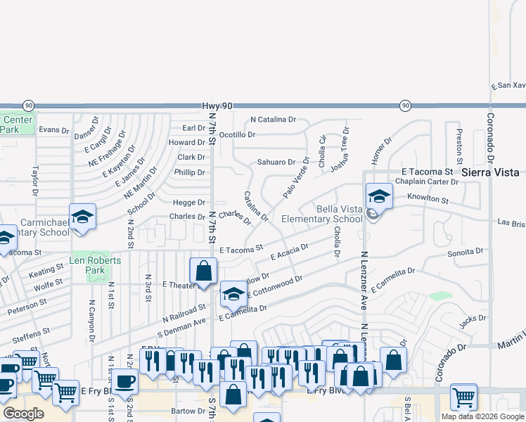 map of restaurants, bars, coffee shops, grocery stores, and more near 821 East Mimosa Circle in Sierra Vista