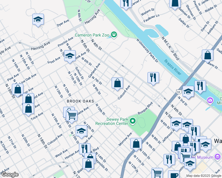 map of restaurants, bars, coffee shops, grocery stores, and more near 1411 North 7th Street in Waco