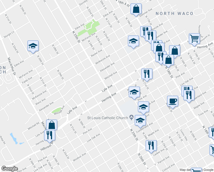 map of restaurants, bars, coffee shops, grocery stores, and more near 2427 Lyle Avenue in Waco