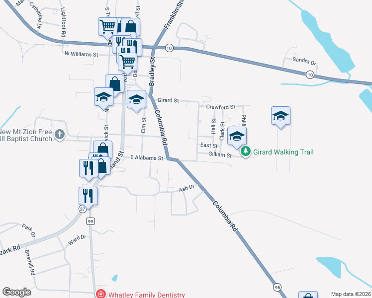 map of restaurants, bars, coffee shops, grocery stores, and more near 105 West Street in Abbeville