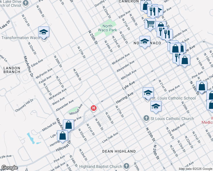 map of restaurants, bars, coffee shops, grocery stores, and more near 2628 Alexander Avenue in Waco