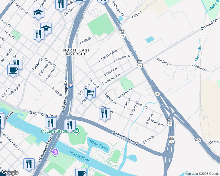 map of restaurants, bars, coffee shops, grocery stores, and more near 202 Applegrove Circle in Waco