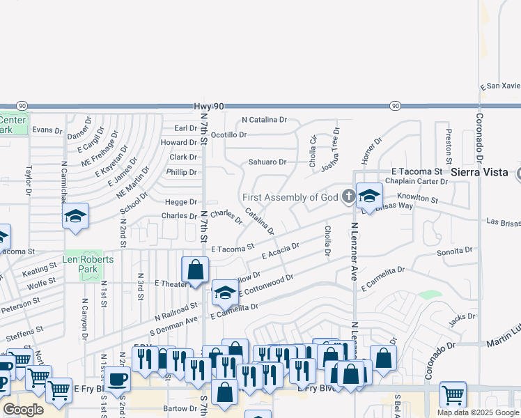 map of restaurants, bars, coffee shops, grocery stores, and more near 800 East Mimosa Circle in Sierra Vista