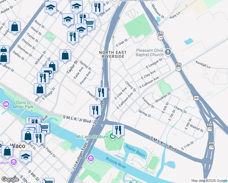 map of restaurants, bars, coffee shops, grocery stores, and more near North Jack Kultgen Expressway in Waco