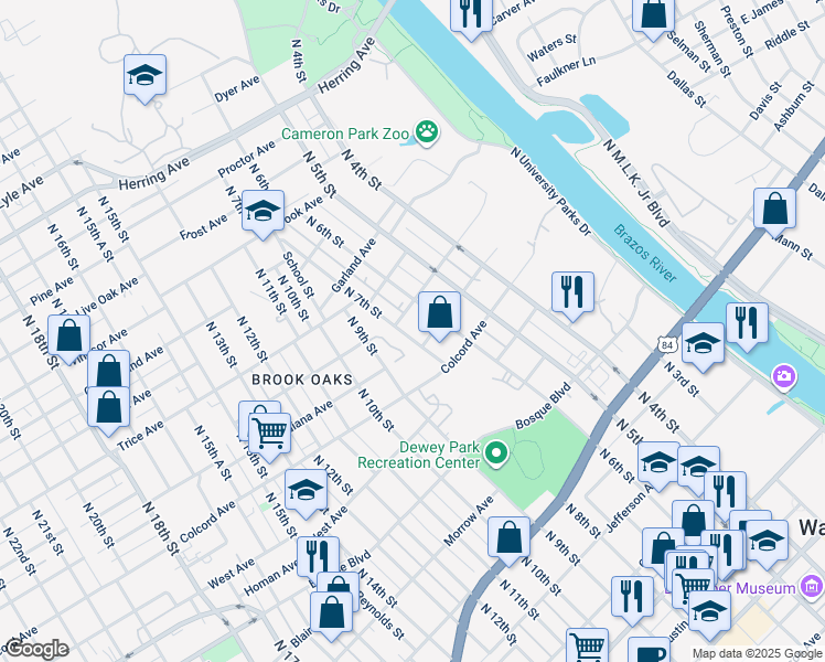 map of restaurants, bars, coffee shops, grocery stores, and more near 1413 North 7th Street in Waco