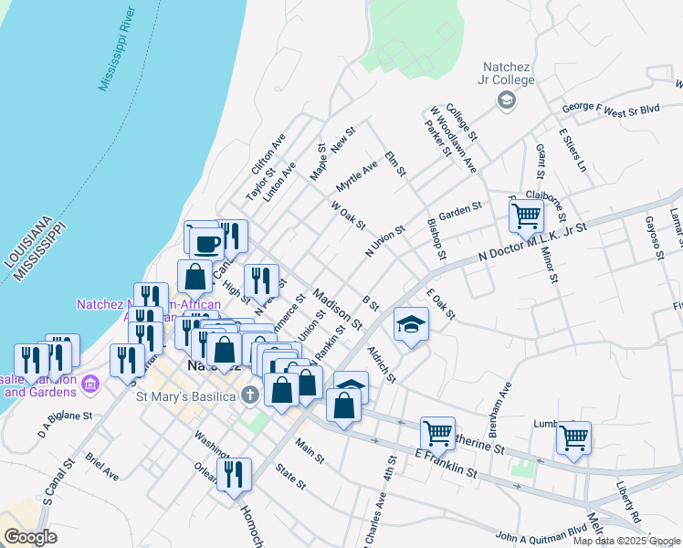 map of restaurants, bars, coffee shops, grocery stores, and more near 708 North Union Street in Natchez