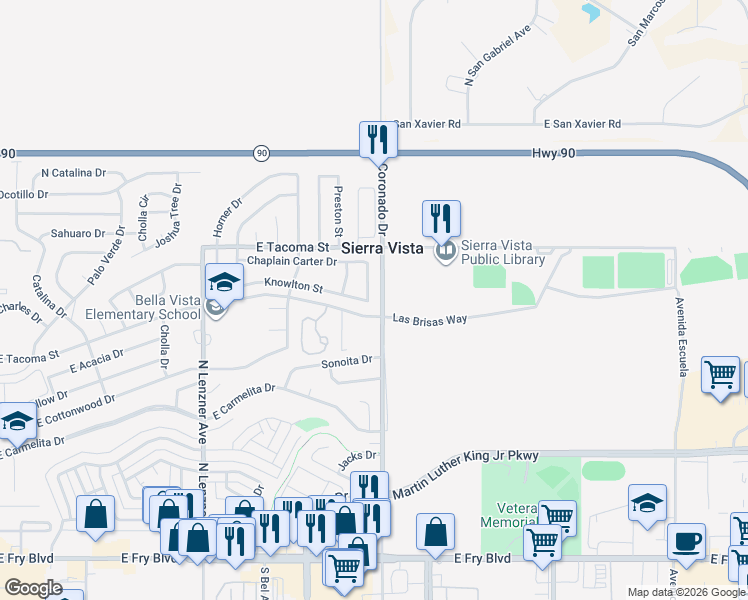 map of restaurants, bars, coffee shops, grocery stores, and more near 837 Charles Young Street in Sierra Vista