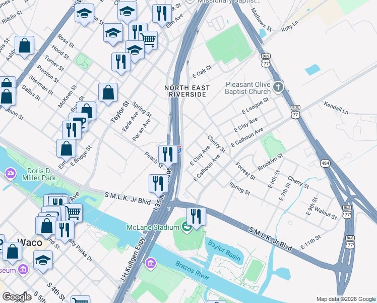 map of restaurants, bars, coffee shops, grocery stores, and more near North Jack Kultgen Expressway in Waco